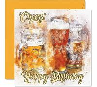 Cartes d'anniversaire à bière pour homme - Cheers! - Carte d'anniversaire pour papa, frère, fils, grand-père, petit-fils, oncle, ami, cadeaux d'anniversaire pour homme, cartes de vœux 145 mm x 145 mm
