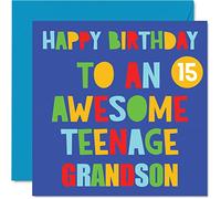 Cartes d'anniversaire amusantes pour petit-fils - Superbe carte d'anniversaire pour petit-fils 15 ans - Carte d'anniversaire pour grand-père, grand-père, grand-père, grand-mère, 145 mm x 145 mm