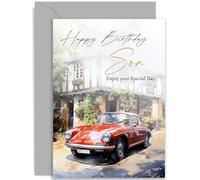 Cartes d'anniversaire classiques pour homme - Cadeau d'anniversaire pour fils - Carte d'anniversaire traditionnelle pour homme - Carte d'anniversaire vintage rouge voiture de sport pour lui - Cartes