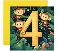 Cartes d'anniversaire pour garçons ou filles, carte d'anniversaire amusante de 4 ans, singe de la jungle, carte d'anniversaire colorée et coquine pour enfants à partir de 4 ans