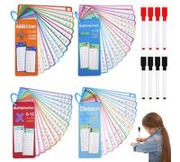 Cartes d'apprentissage 4 Pcs Table de Multiplication Portable avec 8 Stylos Effaçables pour Enfants,à l'Apprentissage en Classe ou Maison (Addition Soustraction Multiplication Division)