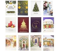 Cartes de Noël, 24 pcs carte de noël originale pliée + 24 pcs Enveloppes + 24 Aotocollants, Carte de Remerciement, Carte de Voeux Pour Noël et Nouvel An, carte-cadeau de Noël avec Paillettes dorées