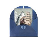 Cartes de vœux avec motif requin mangeant un bateau dans l'océan et la mer avec enveloppes, boucle d'amour verticale vierge, emballage en papier perlé