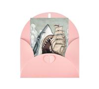 Cartes de vœux avec motif requin mangeant un bateau dans l'océan et la mer avec enveloppes, boucle d'amour verticale vierge, emballage en papier perlé
