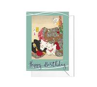 Cartes de vœux d'anniversaire - Carte d'art japonaise Ukiyo-e avec enveloppe (Yoshitoshi taquinant le chat) - Code G76