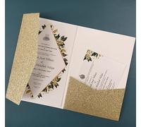 Cartes D'invitation De Mariage Kit de cartes d'invitation de mariage à trois volets découpées au Laser, 50 roses, enveloppe d'invitation de poche(Champagne glitter,Cover and envelope)