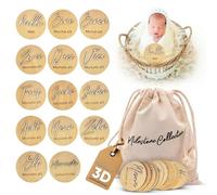 Cartes en bois pour bébé allemand - 14 jalons sur des disques en bois élégants avec effet 3D - Emballage dans un sac en tissu - Pour les femmes enceintes, les futures mamans, les futurs parents.