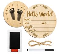 Cartes Étapes Bébé Bois, 15 cm Carte Mensuelle Bebe Bois Ronds avec Tampon Encreur pour la Main et les Empreintes de Pas de Bébé En Bois Panneau de Nouveau-Né Hello World pour Accessoire Photo