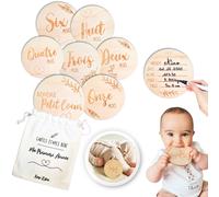 Keep’Love Cartes Étapes Bébé en Bois en FRANÇAIS, Première Année Mois par Mois, Cadeau Naissance, Souvenir, Idée Cadeau Future Maman Baby Shower, 7 Cartes en Bois Recto-Verso + Pochon en lin OFFERT