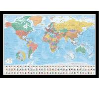 Cartes géographiques - Poster - World Map Flags and Facts + cadre amovible, Shinsuke® Maxi MDF noir, vitre acrylique