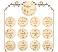 Cartes Mensuelles en Bois Bébé, 26 Design 13 Pièces Ensemble Cadeau Nouveau-Né, Jalon Accessoires Photo de Croissance Première Année, Disques Double Face