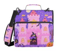 Cartographie Halloween Château rose 3,8 cm Classeur à 3 anneaux robuste avec bandoulière et poignée Comprend une poche zippée Sac de rangement pour documents et fichiers pour étudiant intermédiaire