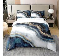 Carton Bleu Blanc Marbre Parure de Lit 200x200,Or Rayé Impression Housse de Couette,Enfants,Adolescents,Adultes Abstrait Texturé Literie Set,Aquarelle Moderne Couvre Lit avec 2 Taies d'oreiller