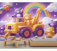 Cartoon Bear Doll Mural Kawaii Bear Construction Truck Wall Mural Rainbow Clouds Starry Sky Murals Fantasy Cartoon Kids Room Wallpaper Children's Bedroom Murals 350 x 256 cm