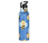 Cartoon Bee Bouteille d'eau de sport sans couture anti-fuite et sans BPA avec couvercle à paille, chaude et froide, double paroi, pour voyage, camping, vélo