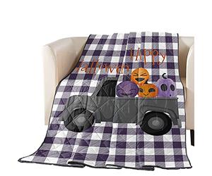 Cartoon Black Truck Cute Pumpkins Reversible Down Alternative Comforter Quilted, Lightweight Soft Bedspread for Kids Adults Woman Teen Bed, Purple White Tartan Plaid Throw Blankets for Sofa Decor
