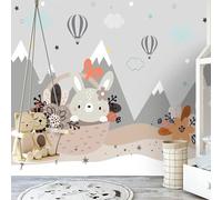 Cartoon Bunny Hot Air Balloon Stars And White Clouds Papier Peint 3D Installation Facile Intissé Tapisserie Bureau Salon Canapé Chambre Décoration Murale-430cm×300cm