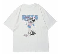 Cartoon Cat Japanese Kanji Print T Shirt Vintage Punk T-Shirt Street Clothing Hip Hop Y2K Clothes White XXL