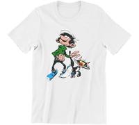 Cartoon Color Big Ben Walking with Cat T Shirt for Men Gaston Lagaffe Clothing Tees White 3XL