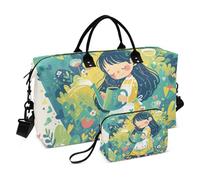 Cartoon Cute Girl Green Decorative Carry On Shoulder Weekend Tote Gym Sports Carry with Toiletry Bag for Sports Bolso de Mano para viajar en Avion