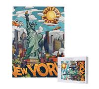 Cartoon Cute New York USA Theme Art Printed Puzzle avec boîte de rangement Puzzle en bois pour adultes et enfants 500 pièces Jeu décoratif amusant en famille, 38 x 52 cm