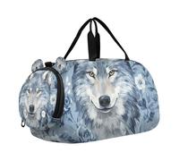 Cartoon Cute Wolf Blue_3 Sac de sport pour fille avec compartiment à chaussures Grande capacité W nd Nuit Sac à main pour l'école, le sport, les voyages