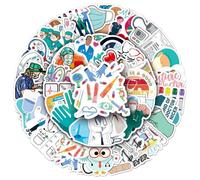 Cartoon Doctor Stickers - Fun Waterproof Decorative Set, Clear Printed Design Colourful Style, 50pcs + Adhesive, Premium Quality Material Construction, For Luggage, Laptop & Water Bottles