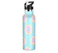 Cartoon Donut Bouteille d'eau isotherme sans BPA avec pailles, anti-fuite, à double paroi, pour voyage, camping, sport - Bleu