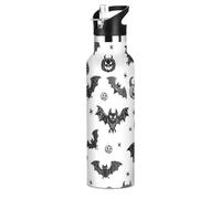 Cartoon Evil Black Halloween Chauve-souris Monster Bouteille d'eau isotherme sans BPA anti-fuite réutilisable avec paille à double paroi sous vide pour sport, voyage et école - 591 ml