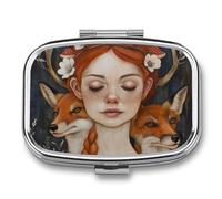 Cartoon Girl Fox Boîte à pilules à 2 Compartiments pour Poche Organisateur de Vitamines 5.5x4cm