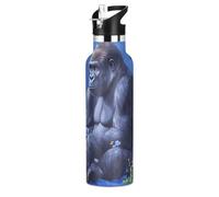 Cartoon Gorilla Bouteille d'eau isotherme sans BPA avec couvercle à bec verseur anti-fuite, à double paroi chaude et froide, pour le sport, les voyages et l'école - Bleu roi