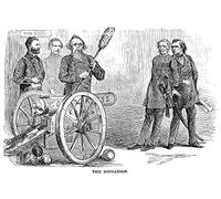Cartoon Grant & Johnson 1868 General Grant Looking On tandis que le secrétaire de la guerre Edwin Stanton se prépare à charger et à tirer un canon du Congrès contre son successeur désigné Lorenzo