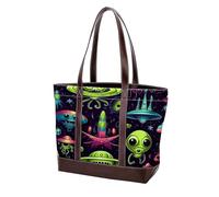 Cartoon Green Alien-111 Sac à main à bandoulière pour femme en cuir délavé doux et sacs à main durables, Multicolore 06, 33.8x12x31cm/13.3x4.7x12.2 in