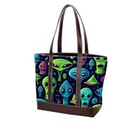 Cartoon Green Alien-144 Sac à main à bandoulière pour femme en cuir délavé doux et sacs à main durables, Multicolore 05, 33.8x12x31cm/13.3x4.7x12.2 in