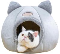 Cartoon Hamster Head Shaped Cat Bed Cave, Warm Plush Cat House，Gray | Semi-enclosed cat cave house with removable PP cotton cushion and non-slip bottom. Cozy, warm and secure for cats.