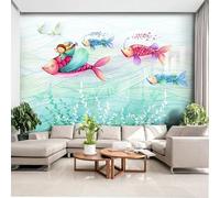 Cartoon Hand Drawn Art Line Fish Grass Flying Bird Papier Peint 3D Installation Facile Intissé Tapisserie Bureau Salon Canapé Chambre Décoration Murale-150cm×105cm
