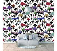 Cartoon Hand Drawn Colourful Animal Penguin Papier Peint 3D Installation Facile Intissé Tapisserie Bureau Salon Canapé Chambre Décoration Murale-300cm×210cm