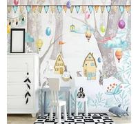 Cartoon Hand Drawn Forest House Bunny Hot Air Balloon Papier Peint 3D Installation Facile Intissé Tapisserie Bureau Salon Canapé Chambre Décoration Murale-400cm×280cm