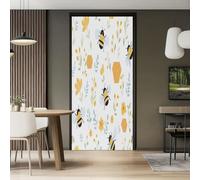 Cartoon Illustration Non-Auto-Adhésif Autocollant de Porte 77 x 200 cm | Jaune Blanc Amovible PVC Imprimées Autocollant Porte, Abeilles Fleurs Ruche Étanche Porte Sticker Pour Chambre Salon Cuisine