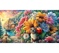 Cartoon-Ladybug-Holding-Heart-Among-Flowers 1000 pièces Puzzle Papier recyclé Défi de Jeu éducatif Cadeau Amusant & Activité Maison pour Adultes et Enfants 70x50/1000 pièces