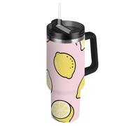 Cartoon Lemon Pink Bouteilles d'eau réutilisables de 1200 ml avec couvercle anti-fuite et paille - Tasse décorative thermique pour café, voyage, école, sport, garderie, camping et plus encore - Vaso