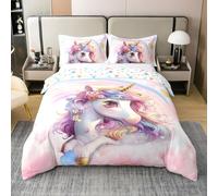 Cartoon Licorne Coton Housse de Couette 140x200,Rose Paillettes Mignon Parure de Lit,Fille Princesse Arc en Ciel Fantaisie Double Face Étoiles Linge de Lit,Thème de Fée Couvre Lit pour Enfants