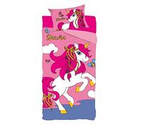 CARTOON Parure de lit pour enfant, lot de 3 pièces, drap de lit, taie d'oreiller, lit simple, 100 % coton (licorne)