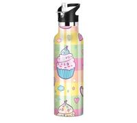 Cartoon Pastel Cakes Bouteille d'eau anti-fuite et sans BPA avec couvercle à paille isotherme pour voyage et sport 591 ml