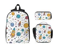 Cartoon Planet Ensemble sac à dos pour filles et garçons avec sac à déjeuner, trousse à crayons, univers spatial, 3 pièces, sacs d'école isothermes, cadeaux pour femmes et hommes