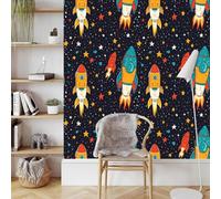 Cartoon Razzo Papier Peint Adhesif Pianeta Cielo Stellato Mural Motif Film Décoratif Meuble Intissé Wallpaper Autocollant Imperméable Mat Stickers Collant pour Armoires Murs Salon Chambre 0.4X10 M