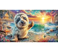 Cartoon-Seal-on-Beach-Under-Sunny-Sky Puzzle 1000 pièces Extremement Difficile Jeu Stimulant Papier recyclé pour Adultes et Enfants de 12 Ans et Plus 70x50/1000 pièces