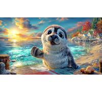 Cartoon-Seal-on-Beach-Under-Sunny-Sky Puzzle 1000 pièces Papier recyclé Idée Cadeau Parfaite Jeu Stimulant pour Relaxation, créativité et Cadeaux pour Adultes 70x50/1000 pièces