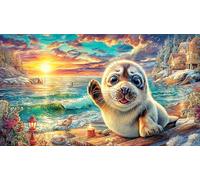 Cartoon-Seal-on-Beach-Under-Sunny-Sky Puzzle pour Adultes 1000 pièces Papier recyclé Jeu Familial Amusant & Stimulant Jeu éducatif détente Beau Puzzle de décoration 38x26/1000 pièces