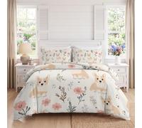 Cartoon Set Housse de Couette 200 x 200 avec Fermeture Éclair | Crème Pêche Microfibre Parure de Durable Résistante Décoloration Mignon Animaux de Compagnie Corgi Housse de Couette